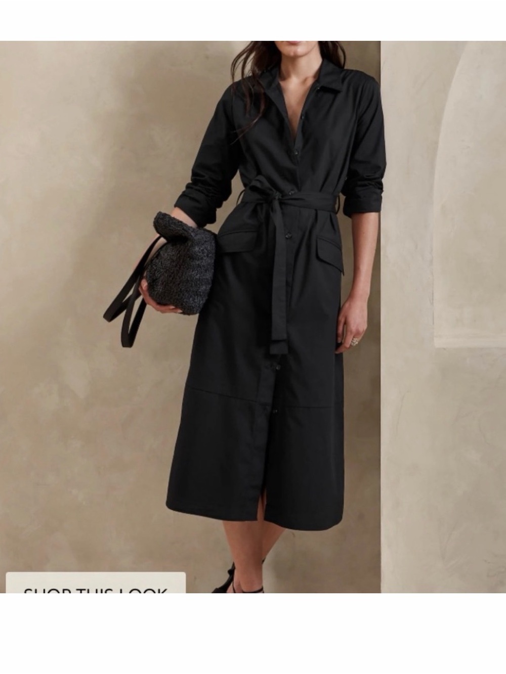 Banana Republic Black Midi Shirt Dress with Tie Waist